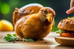 une poulet est en mangeant une Hamburger suivant à une personne. généré par ai photo