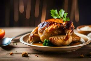 une poulet sur une assiette avec une sauce et des légumes. généré par ai photo