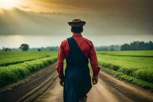 une homme dans une rouge chemise et chapeau en marchant vers le bas une saleté route. généré par ai photo