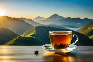 une tasse de thé sur une Montagne Haut. généré par ai photo