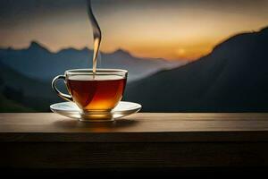 une tasse de thé sur une Montagne Haut. généré par ai photo