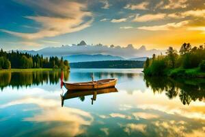 le bateau sur le Lac à le coucher du soleil. généré par ai photo