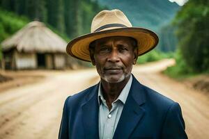 un africain homme portant une chapeau des stands sur une saleté route. généré par ai photo