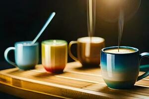 café tasses sur une en bois plateau. généré par ai photo