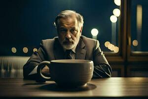 une homme dans une costume est assis à une table avec une café Coupe. généré par ai photo