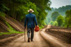 une homme dans une costume et chapeau en marchant vers le bas une saleté route. généré par ai photo