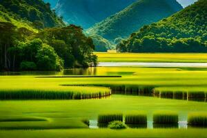 une magnifique paysage avec vert herbe et l'eau. généré par ai photo