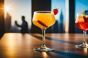 deux des lunettes de des cocktails sur une table avec une ville voir. généré par ai photo