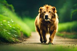 une Lion en marchant vers le bas une chemin dans le forêt. généré par ai photo