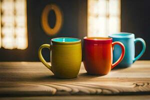 Trois coloré café des tasses sur une en bois tableau. généré par ai photo
