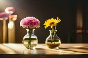 deux des vases avec fleurs sur une tableau. généré par ai photo