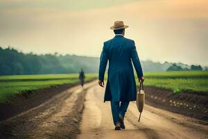 une homme dans une costume et chapeau des promenades vers le bas une saleté route. généré par ai photo