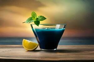 bleu cocktail avec citron et menthe sur une en bois tableau. généré par ai photo