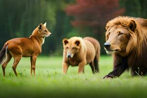 une lion, une cerf et une gazelle dans une champ. généré par ai photo
