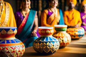 une groupe de femmes dans coloré saris permanent autour une table avec coloré vases. généré par ai photo