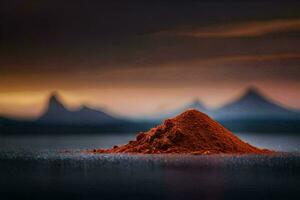 une pile de rouge poudre séance sur le l'eau. généré par ai photo