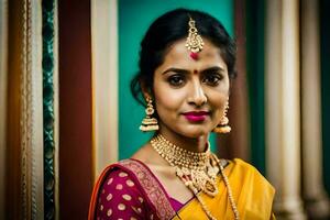 une magnifique Indien femme portant une Jaune sari et bijoux. généré par ai photo