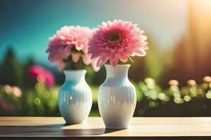 deux des vases avec rose fleurs sur une tableau. généré par ai photo