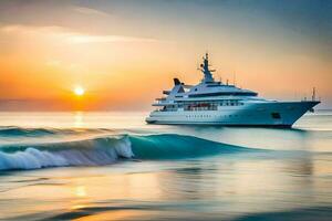 une yacht dans le océan à le coucher du soleil. généré par ai photo