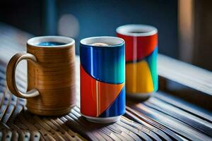 deux coloré café tasses séance sur une tableau. généré par ai photo