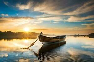 le bateau sur le Lac à le coucher du soleil. généré par ai photo