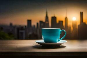 café tasse sur le table avec paysage urbain dans le Contexte. généré par ai photo