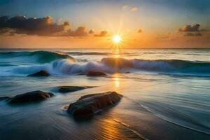le Soleil monte plus de le océan vagues. généré par ai photo