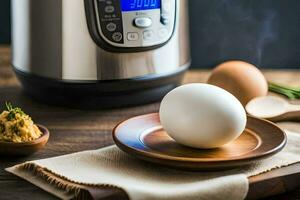 des œufs sur une en bois assiette suivant à un instant pot. généré par ai photo