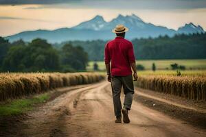 une homme dans une rouge chemise et chapeau en marchant vers le bas une saleté route. généré par ai photo