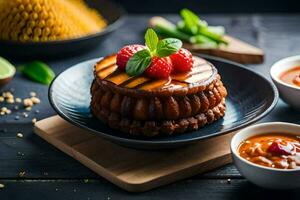 une dessert avec des fraises et une bol de nouilles. généré par ai photo