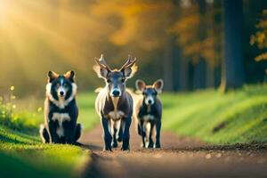 photo fond d'écran le soleil, animaux, cerf, le forêt, le soleil, le animaux, le. généré par ai