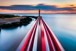 une longue exposition photographier de une phare à le coucher du soleil. généré par ai photo