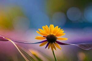 une Célibataire Jaune fleur est permanent dans le milieu de une champ. généré par ai photo