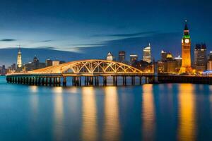 le ville horizon à nuit avec une pont plus de l'eau. généré par ai photo