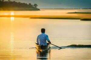 une homme dans une canoë pagayer par le l'eau à le coucher du soleil. généré par ai photo