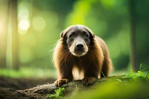 une chien est permanent sur une Journal dans le les bois. généré par ai photo