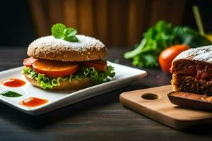 une Hamburger avec tomate et salade sur une blanc plaque. généré par ai photo