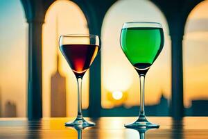 deux du vin des lunettes avec différent coloré liquides. généré par ai photo