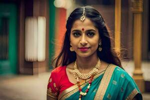 une magnifique femme dans une sari et bijoux. généré par ai photo