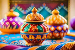 coloré décoratif des pots sur une table avec coloré conceptions. généré par ai photo