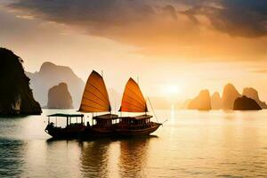 une bateau avec voiles dans le l'eau à le coucher du soleil. généré par ai photo