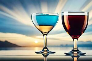 deux des lunettes de du vin avec le coucher du soleil dans le Contexte. généré par ai photo