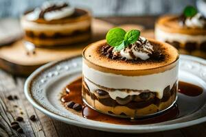 Trois desserts sur une plaque. généré par ai photo