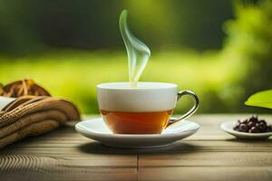 une tasse de thé sur une en bois tableau. généré par ai photo