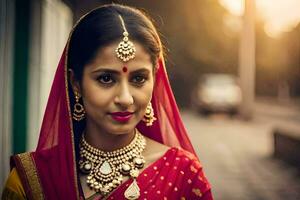 une magnifique Indien femme portant une rouge sari et bijoux. généré par ai photo