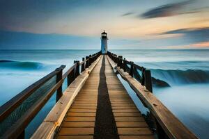 une longue exposition photographier de une phare à le coucher du soleil. généré par ai photo