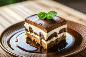 une pièce de Chocolat gâteau sur une plaque. généré par ai photo