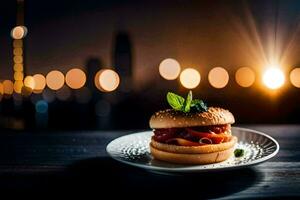 une Hamburger sur une assiette avec une paysage urbain dans le Contexte. généré par ai photo