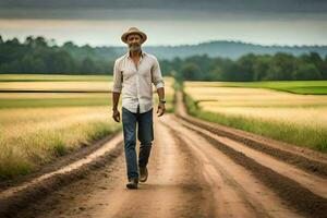 une homme dans une chapeau des promenades vers le bas une saleté route. généré par ai photo