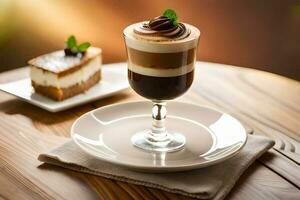 une dessert avec café et Chocolat sur une en bois tableau. généré par ai photo